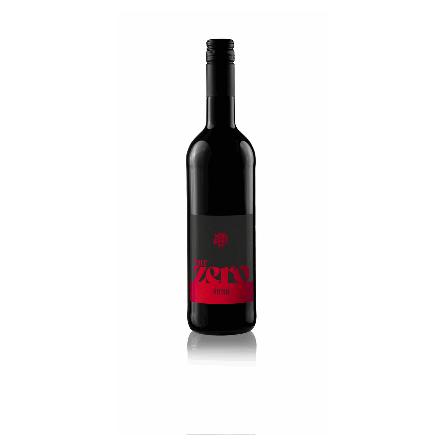 Black wine bottle with red label on a white background
