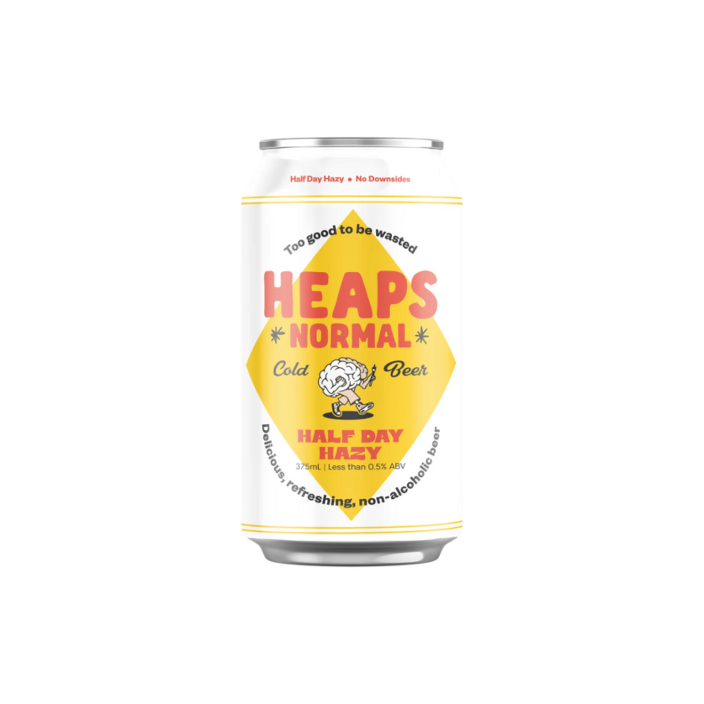Can of 'Heaps Normal' non-alcoholic beer with a yellow label on a white background