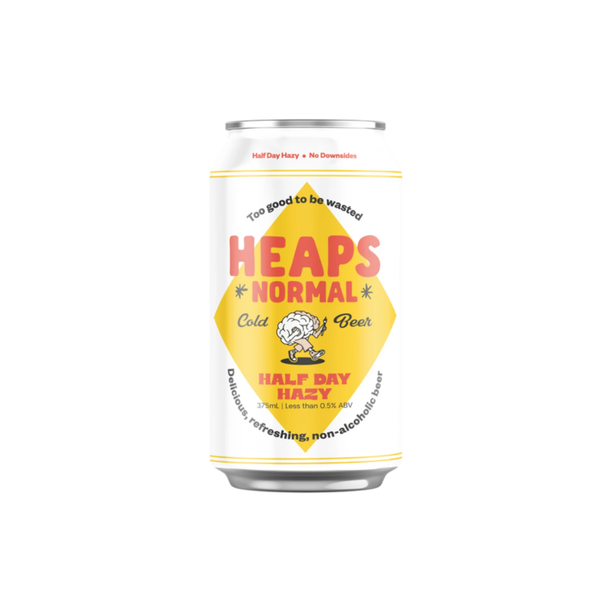 Can of 'Heaps Normal' non-alcoholic beer with a yellow label on a white background