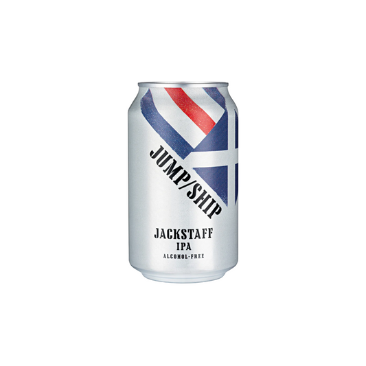 Alcohol-free beer can with 'Jump/Ship Jackstaff IPA' branding on a white background