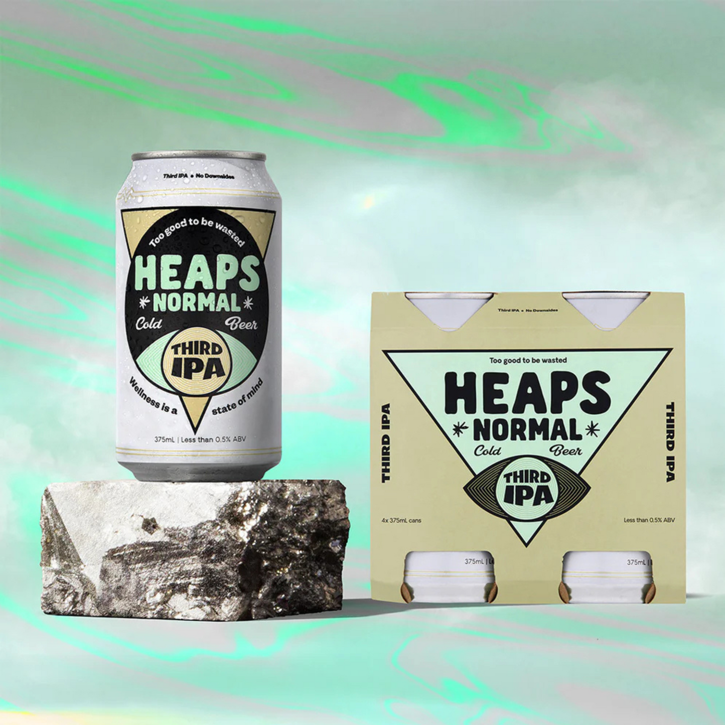 Heaps Normal Third IPA can and packaging on a gradient background