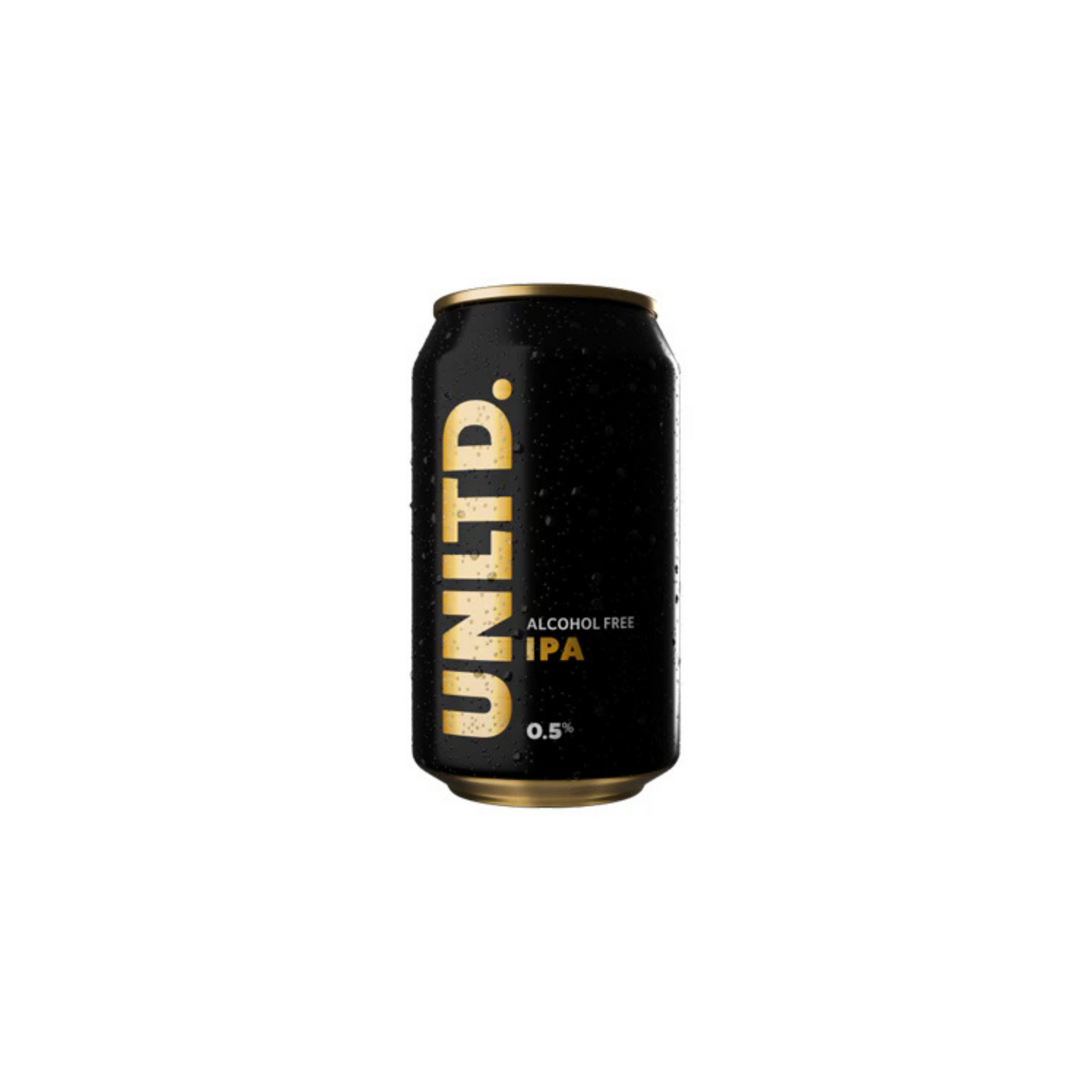 Black can of UNLTD. alcohol-free IPA on a white background