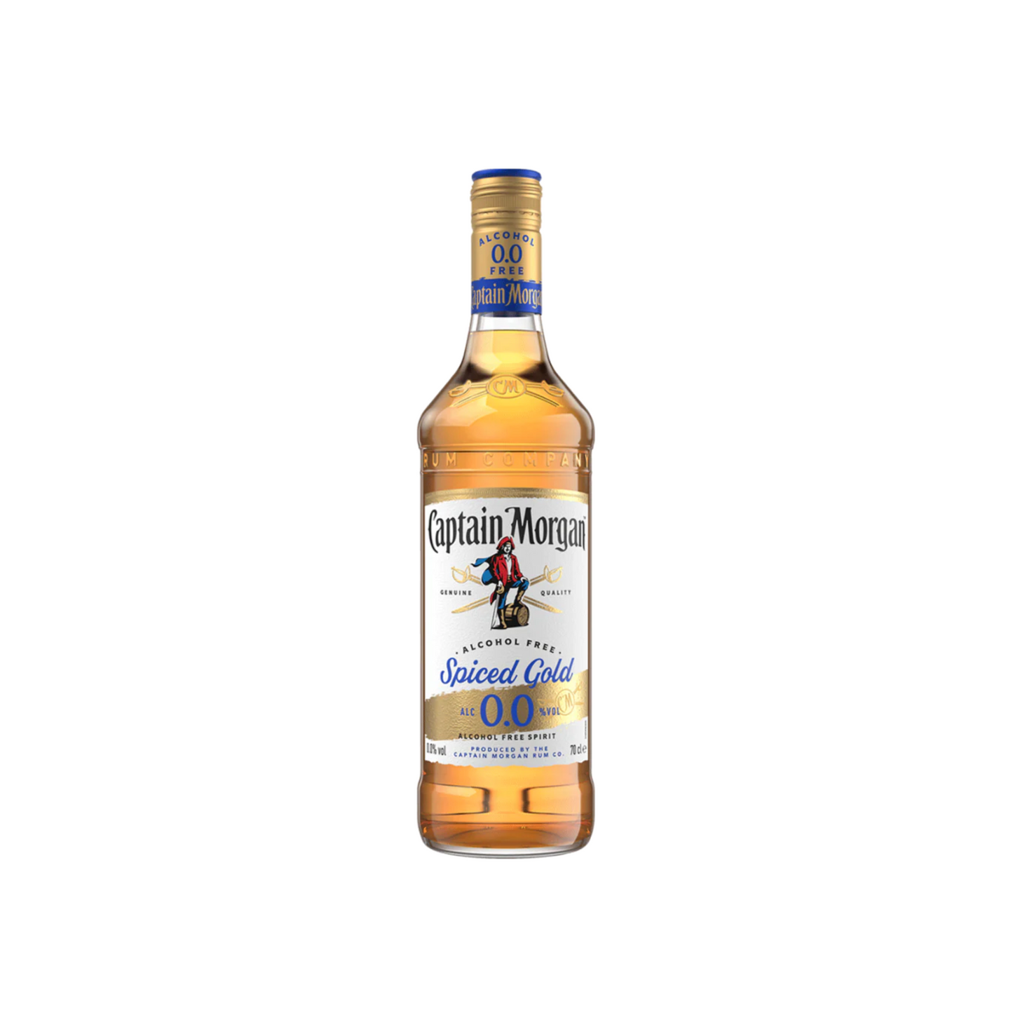 Captain Morgan Spiced Gold 0.0% alcohol-free spirit bottle on a white background