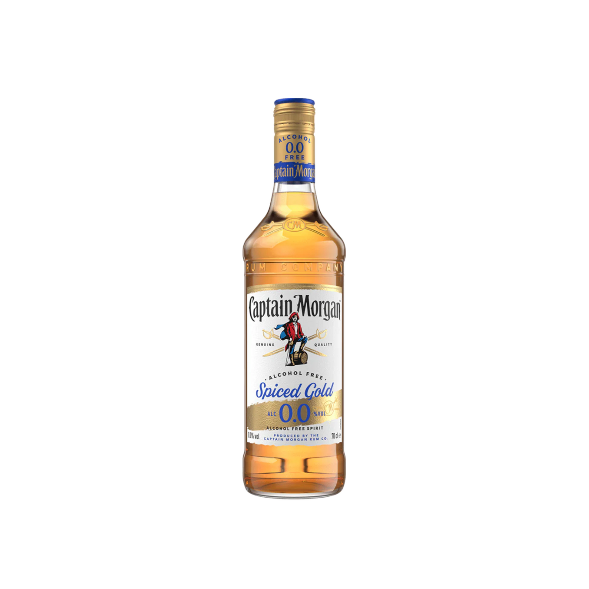 Captain Morgan Spiced Gold 0.0% alcohol-free spirit bottle on a white background