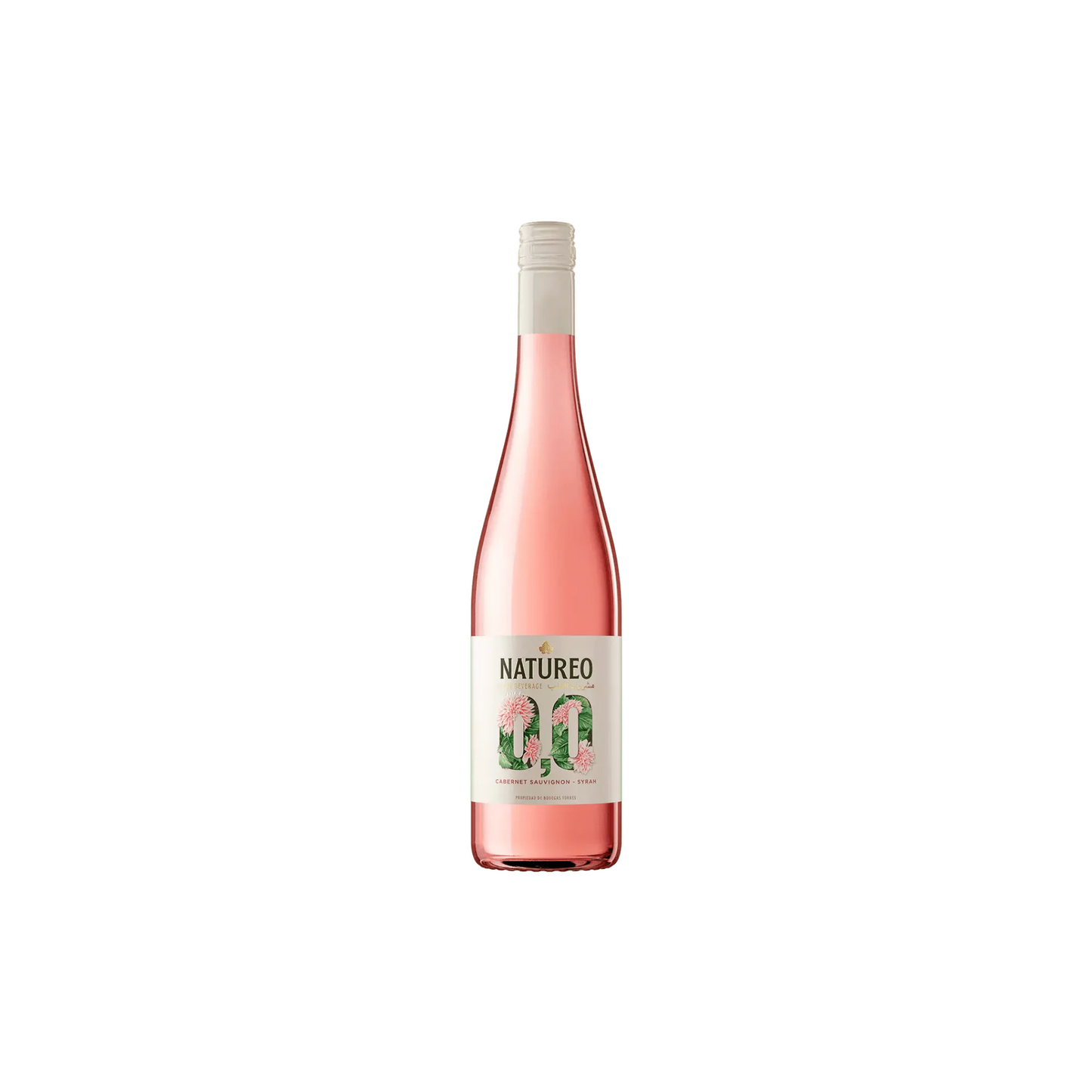 Pink wine bottle with a white label on a white background