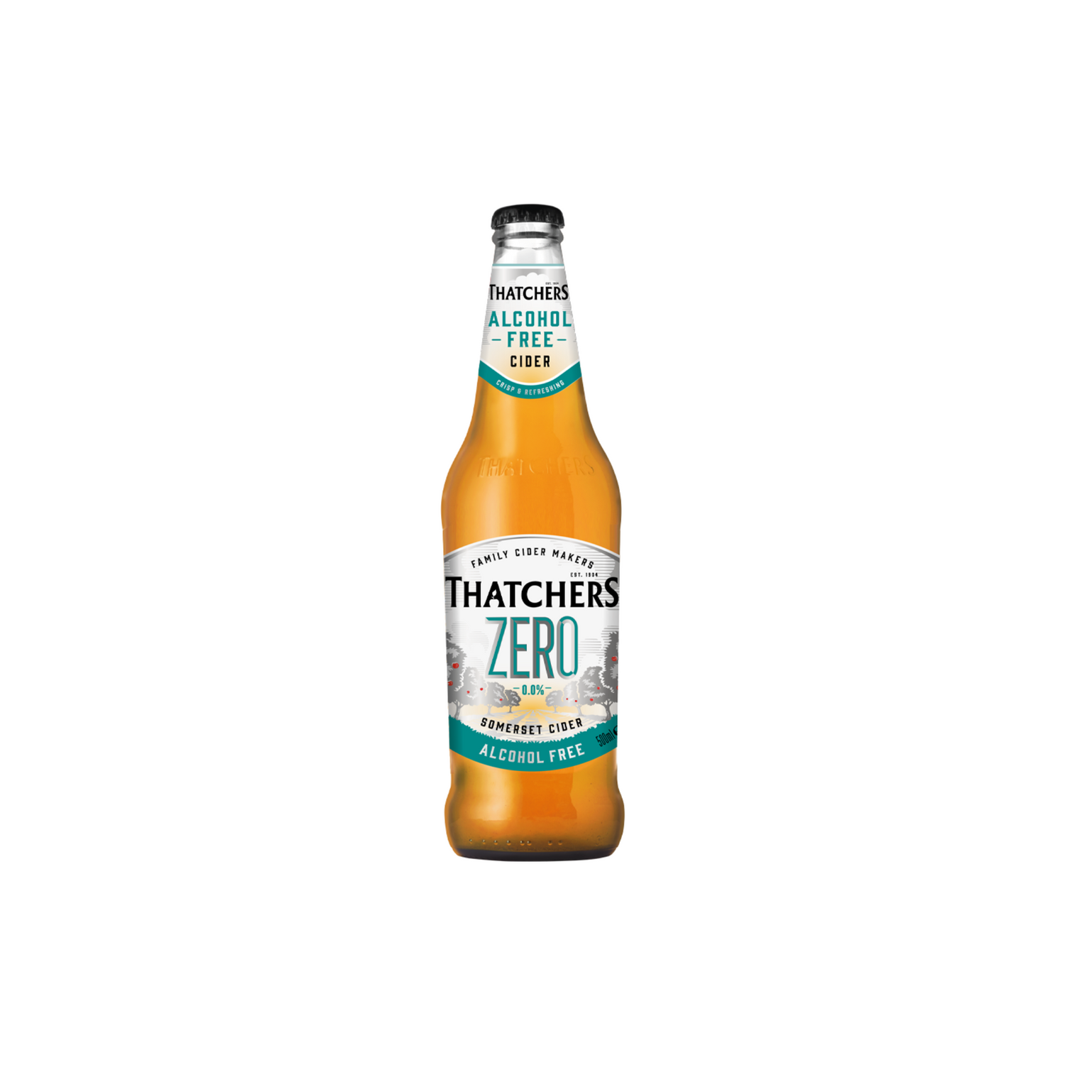 Thatchers Zero alcohol-free cider bottle on a white background
