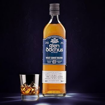Glen Scotia whisky bottle with a glass of whisky on a dark background