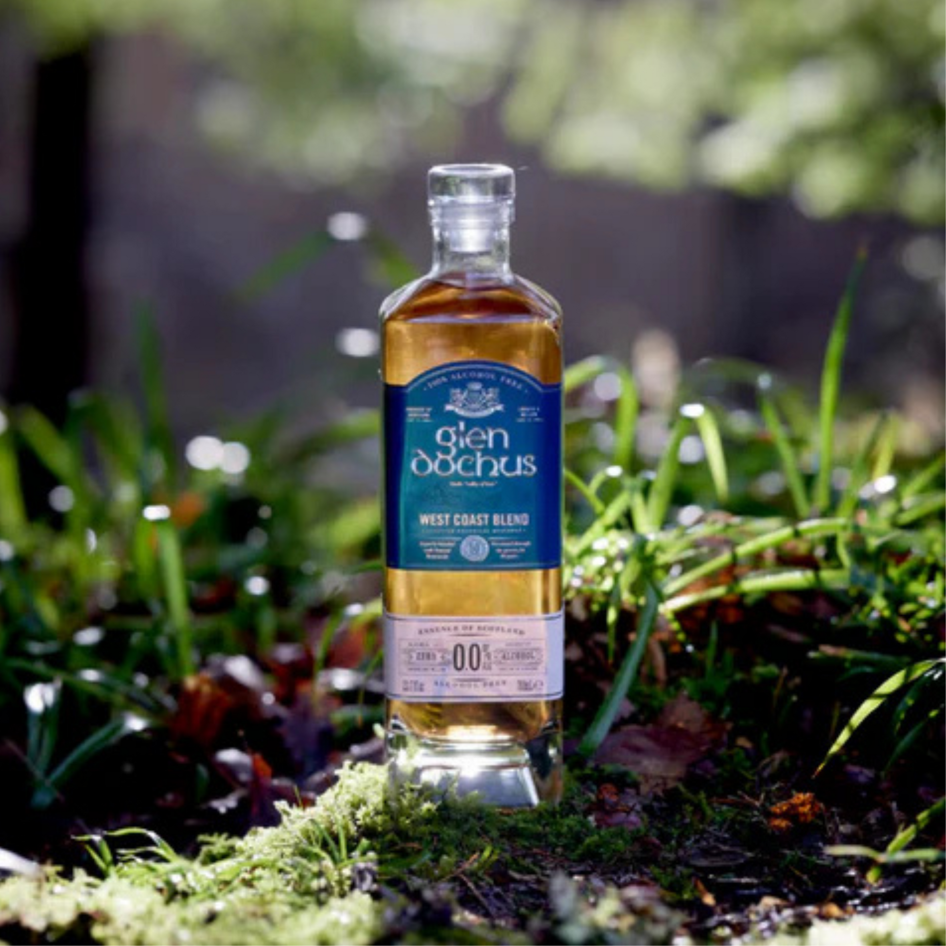 Glen Dochus whisky bottle in a natural setting with greenery