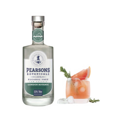 Pearsons Botanicals alcohol-free gin bottle with a cocktail on a white background