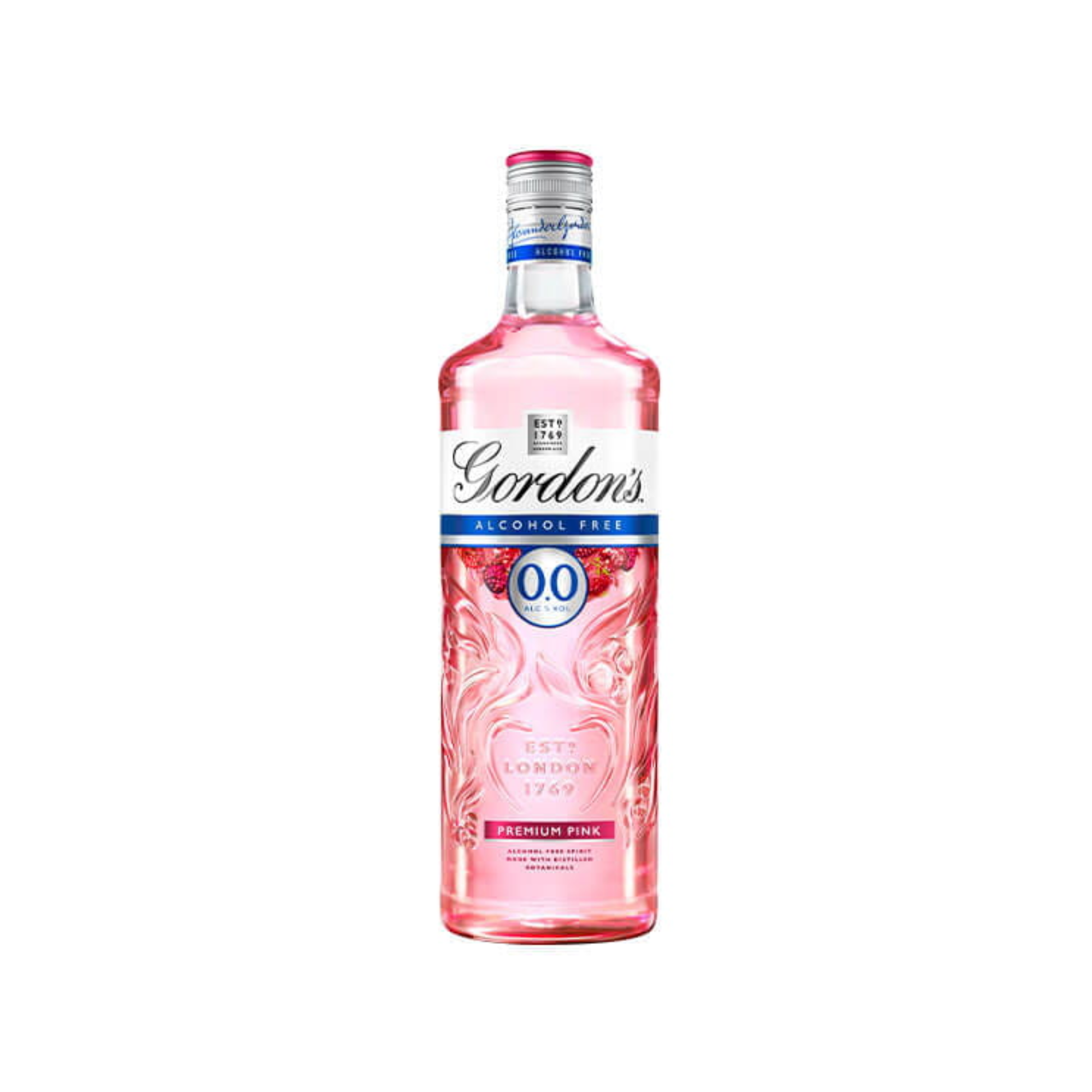 Pink bottle of Gordon's gin on a white background