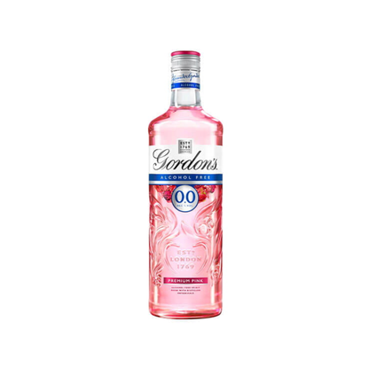 Pink bottle of Gordon's gin on a white background