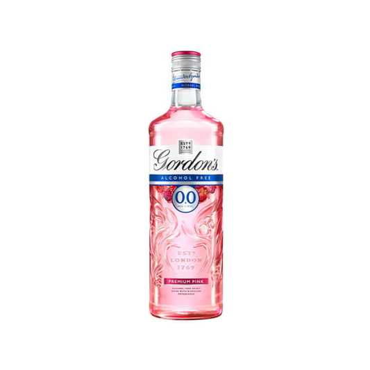 Pink bottle of Gordon's gin on a white background