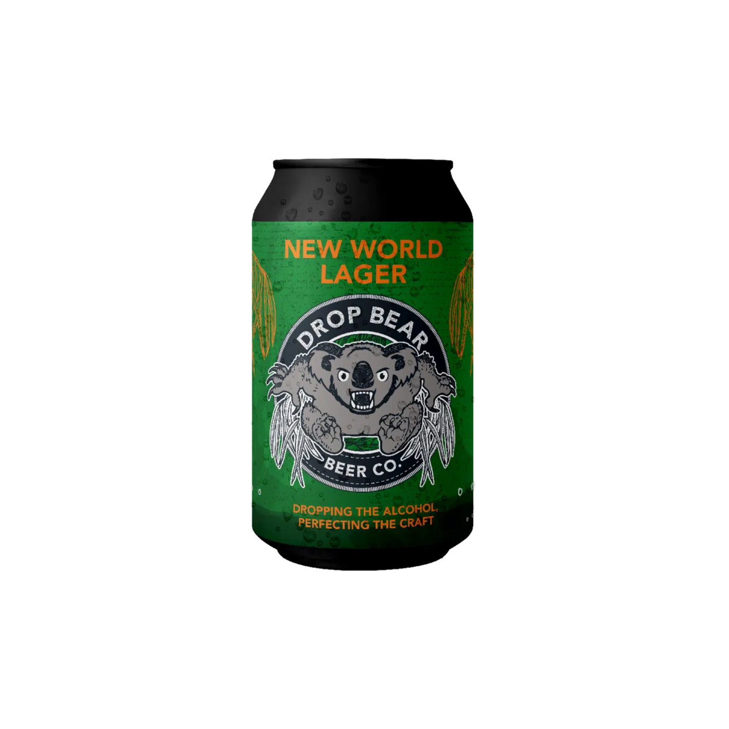 Can of New World Lager from Drop Beary Beer Co. on a white background