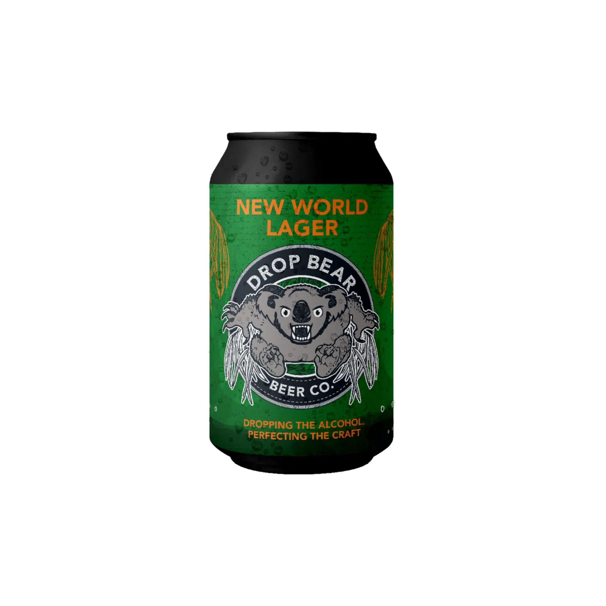 Can of New World Lager from Drop Beary Beer Co. on a white background