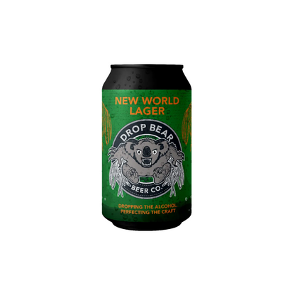 Can of New World Lager from Drop Beary Beer Co. on a white background