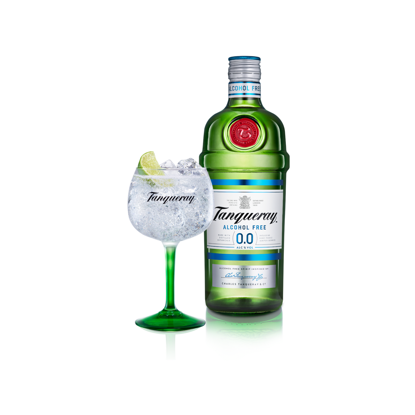 Tanqueray alcohol-free gin bottle with a glass of gin and tonic on a white background