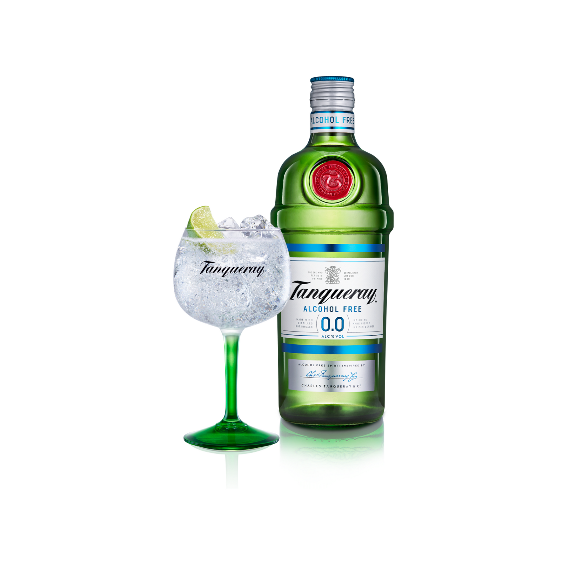 Tanqueray alcohol-free gin bottle with a glass of gin and tonic on a white background