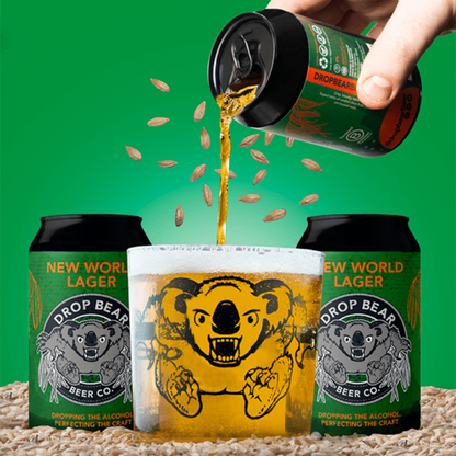 Drop Bear Beer Co. New World Lager being poured into a glass with cans around on a green background