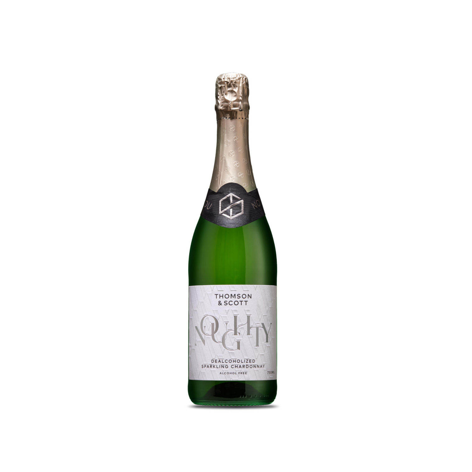 Green champagne bottle with a label on a white background