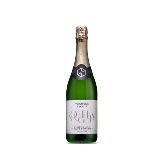 Green champagne bottle with a label on a white background