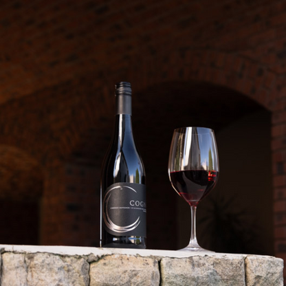 Wine bottle and glass of red wine on a stone ledge with a dark background