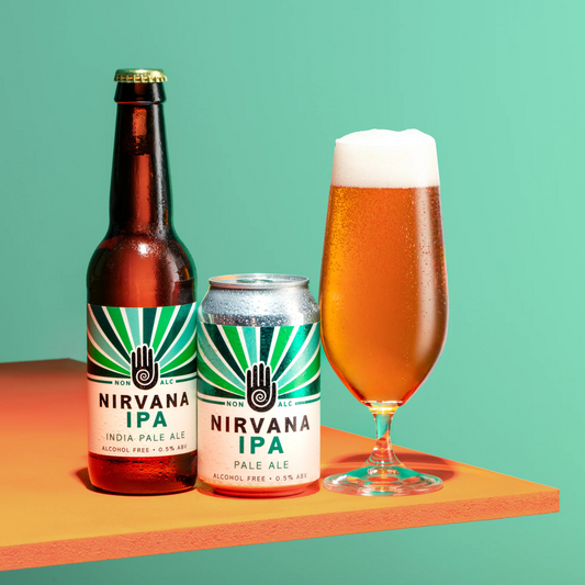 Nirvana IPA bottle, can, and glass on a colorful background