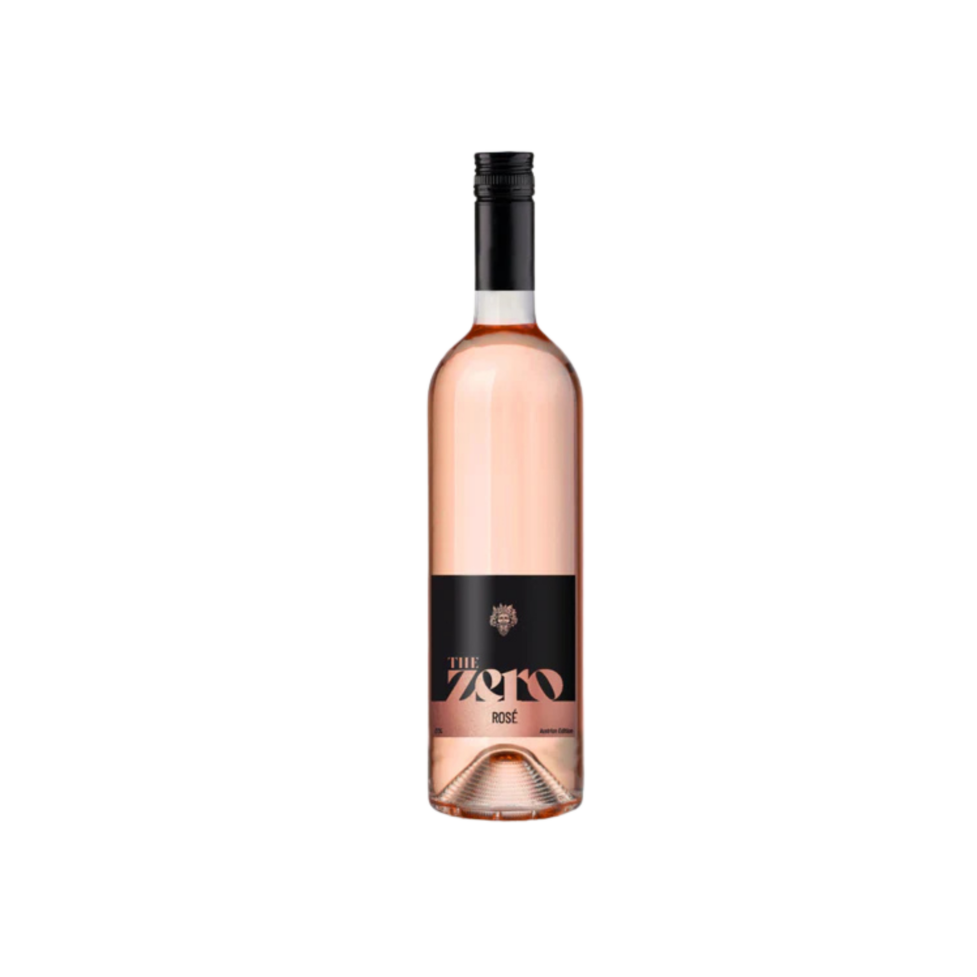Rose wine bottle with a black label on a white background